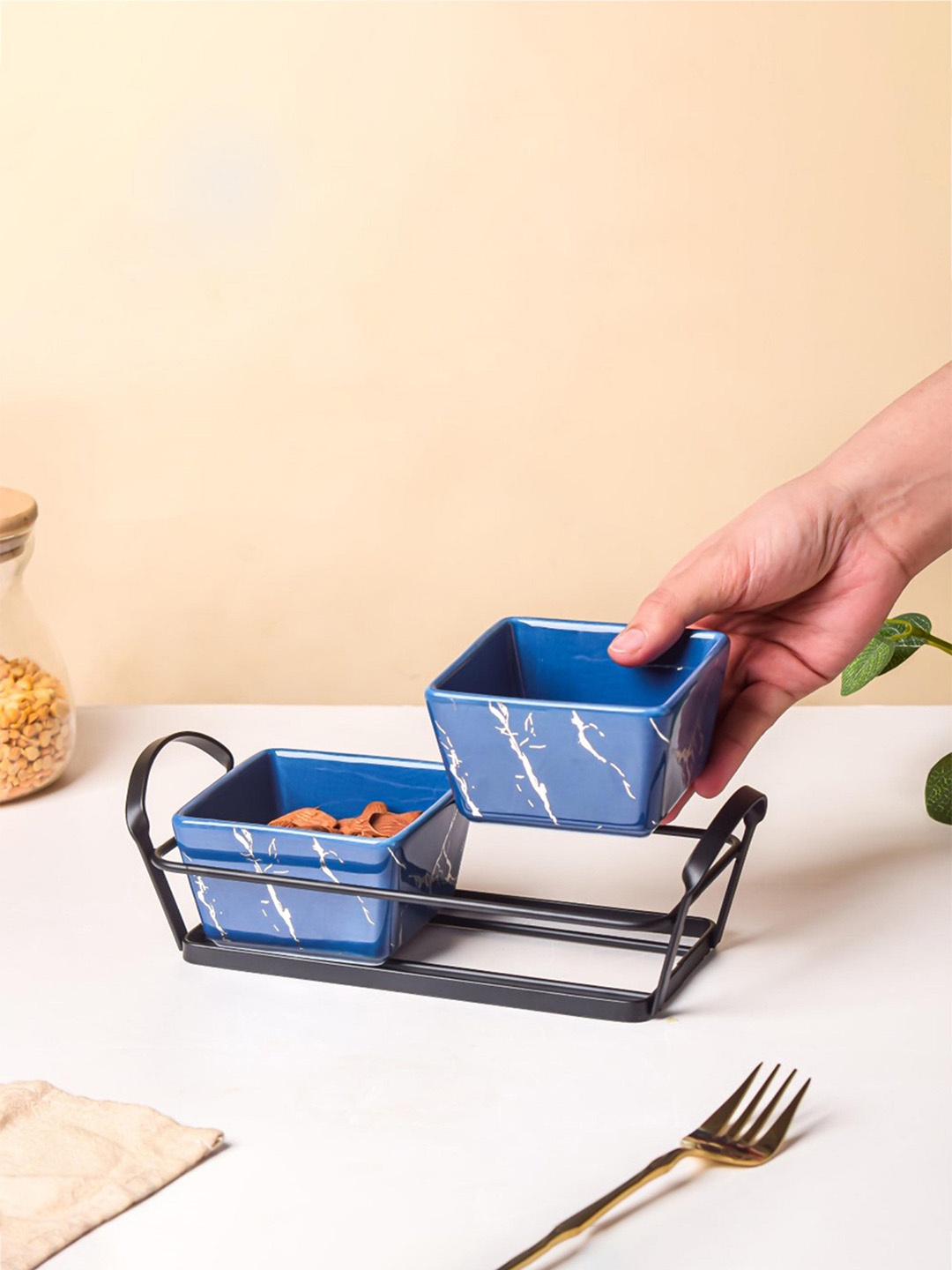 

Nestasia Blue 2 Pieces Printed Ceramic Glossy Bowls With A Tray-200ml Each