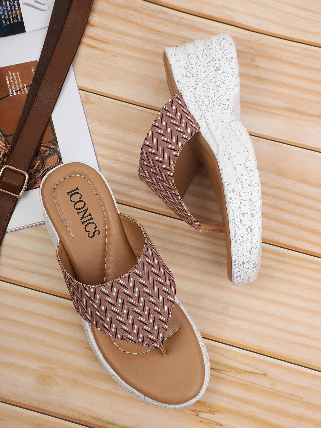 

ICONICS Printed Open Toe Wedges, Brown