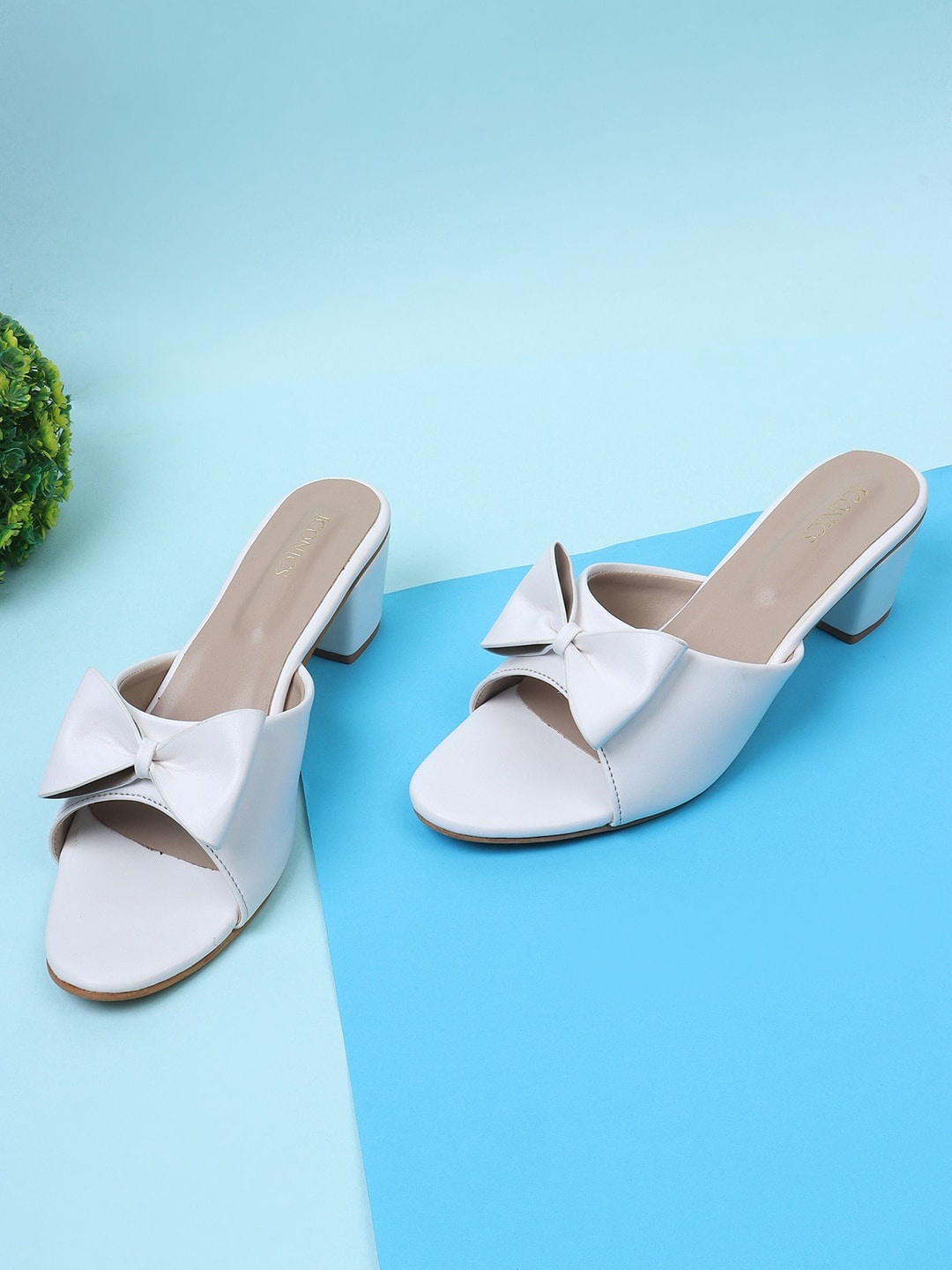 ICONICS Bow Embellished Open Toe Block Heels, White