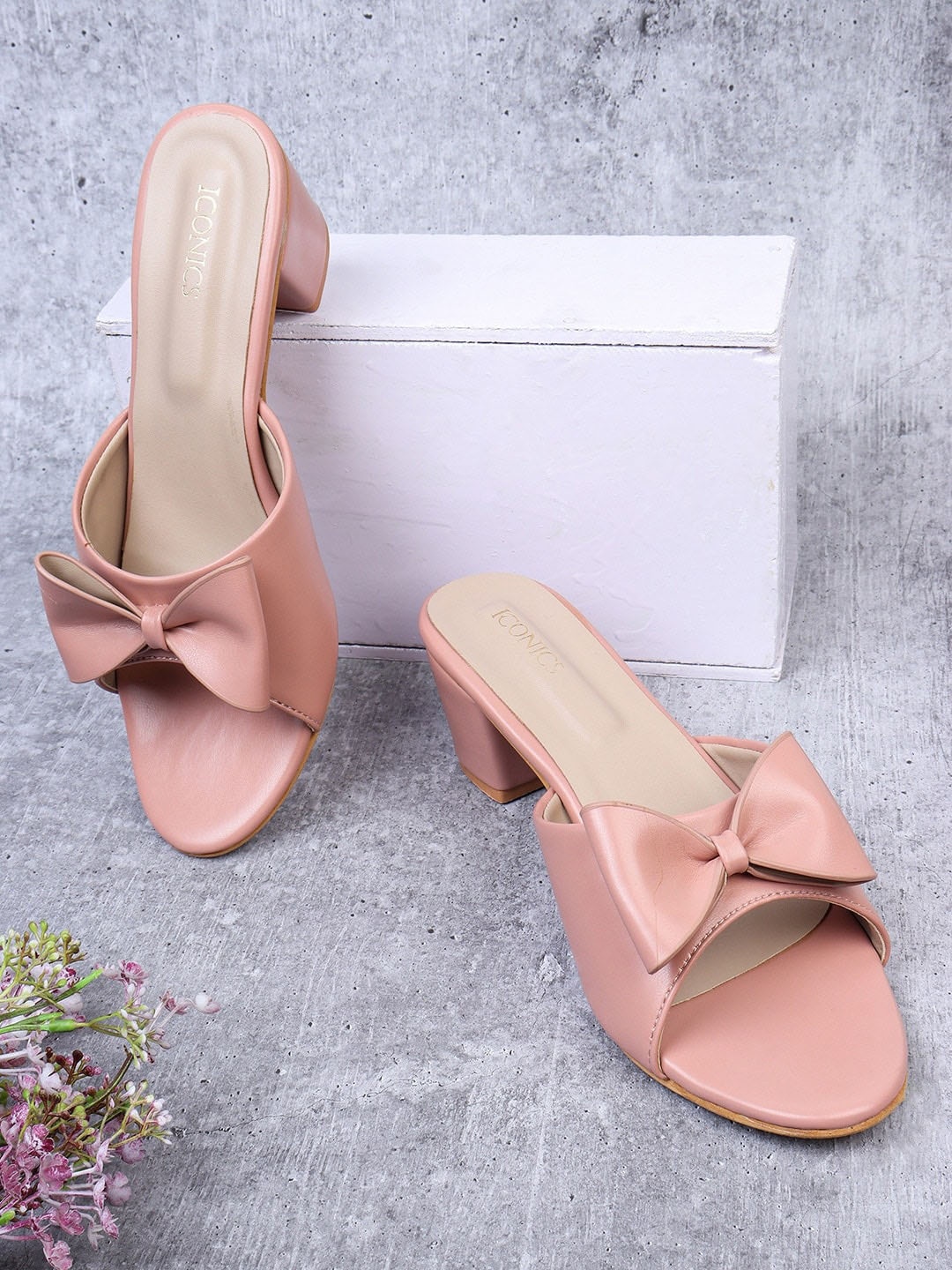 

ICONICS Bow Embellished Open Toe Block Heels, Pink