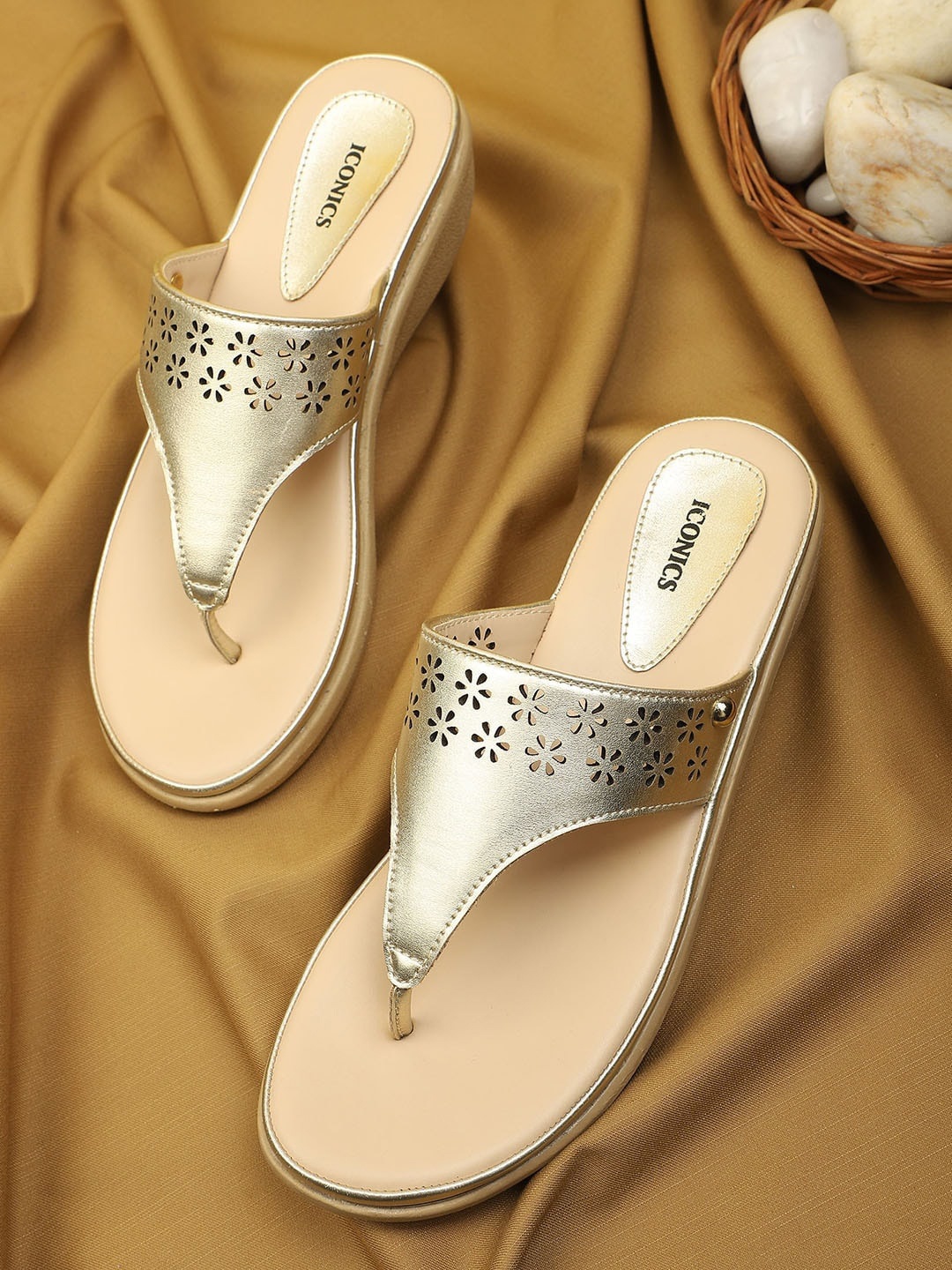 

ICONICS Women Textured T-Strap Comfort Heels, Gold