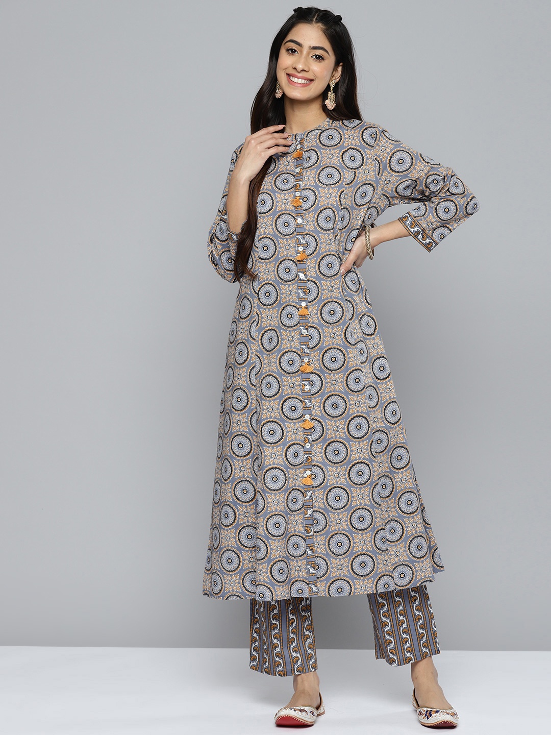 

HERE&NOW Ethnic Motifs Printed Pure Cotton Kurta with Palazzos, Grey