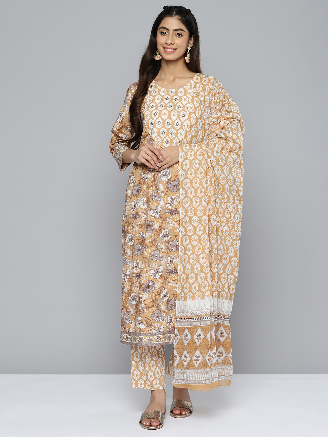

HERE&NOW Floral Printed Mirror Work Pure Cotton Kurta with Palazzos & Dupatta, Brown