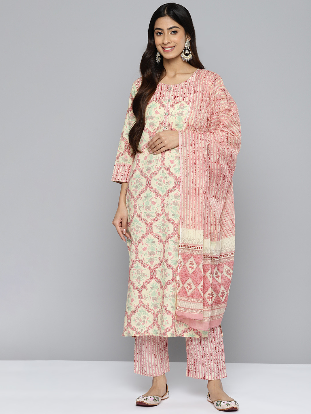 

HERE&NOW Floral Printed Pure Cotton Kurta with Palazzos & Dupatta, Beige