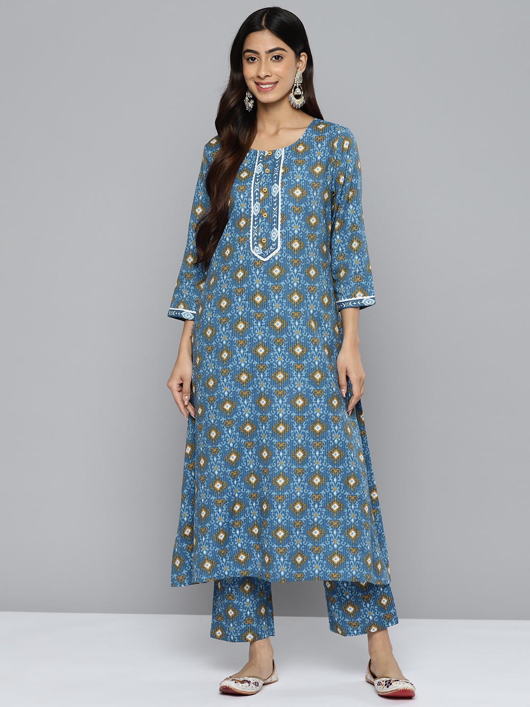 

HERE&NOW Floral Printed Pure Cotton Kurta with Palazzos, Blue