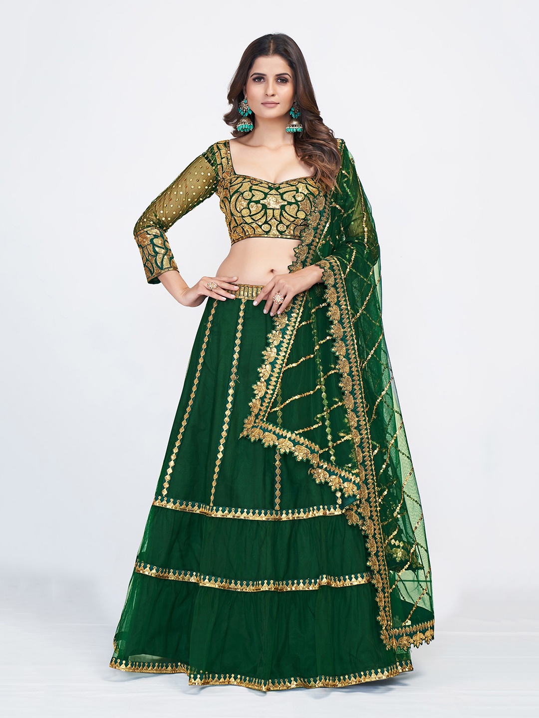 

Fusionic Embellished Sequinned Semi-Stitched Lehenga Choli With Dupatta, Green