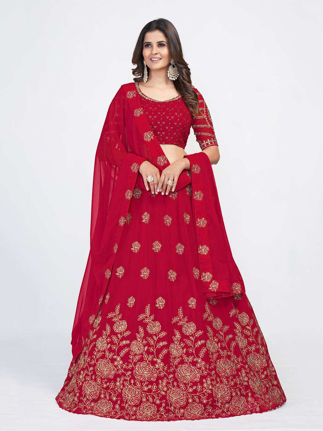 

Fusionic Embroidered Sequinned Semi-Stitched Lehenga Choli With Dupatta, Red
