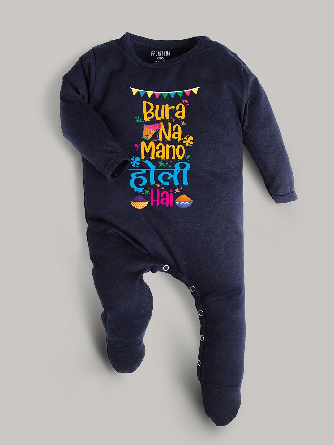 

FFLIRTYGO Infants Kids Holi Printed Pure Cotton Sleepsuit, Navy blue