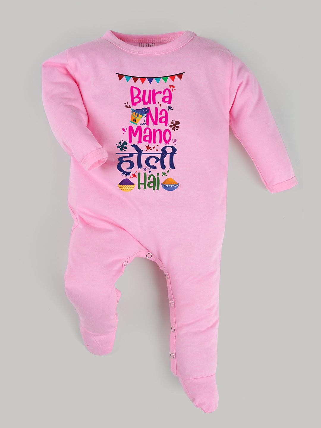 

FFLIRTYGO Kids Holi Printed Cotton Sleepsuit, Pink