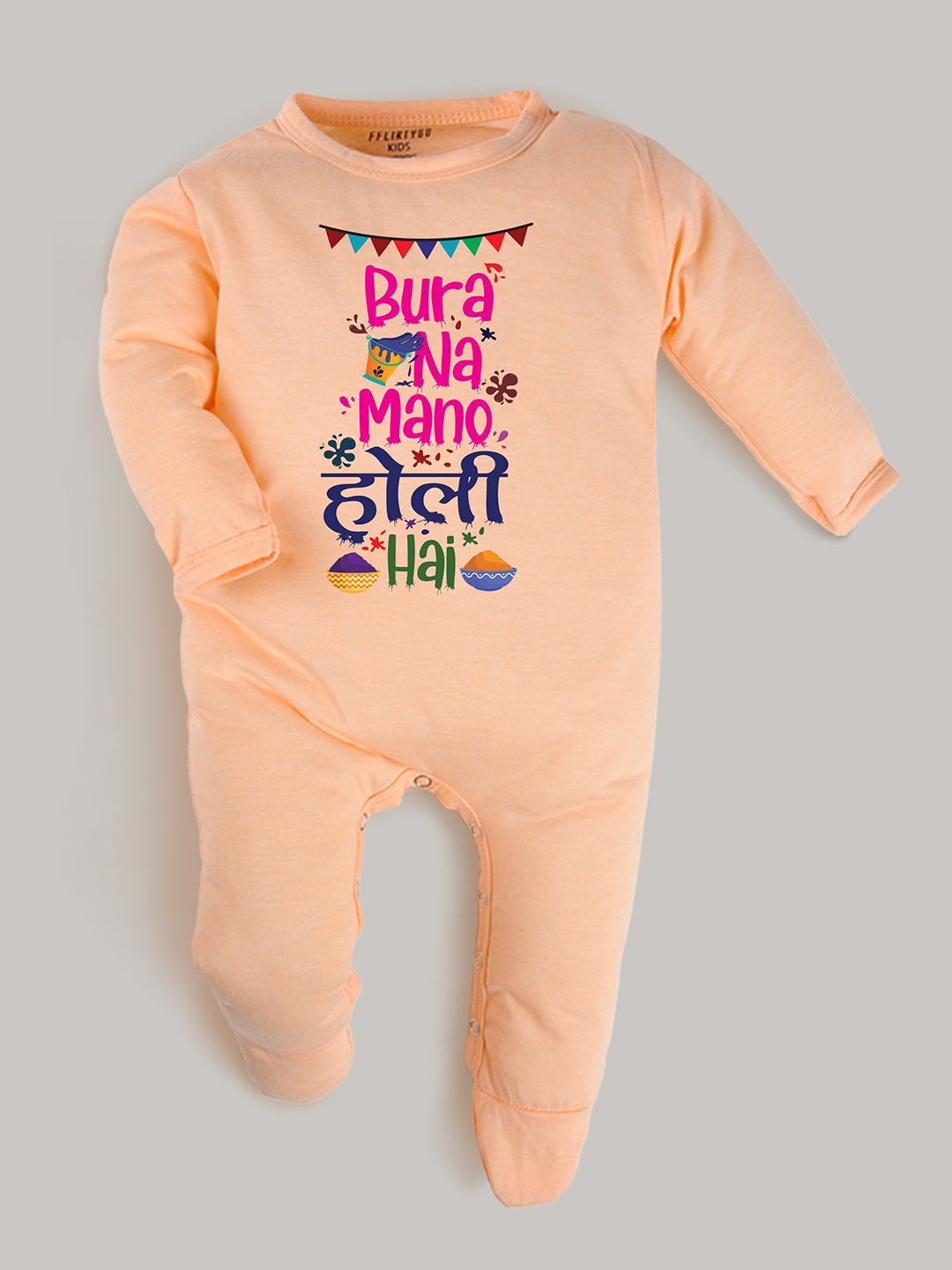 

FFLIRTYGO Infants Kids Holi Printed Pure Cotton Sleepsuit, Peach