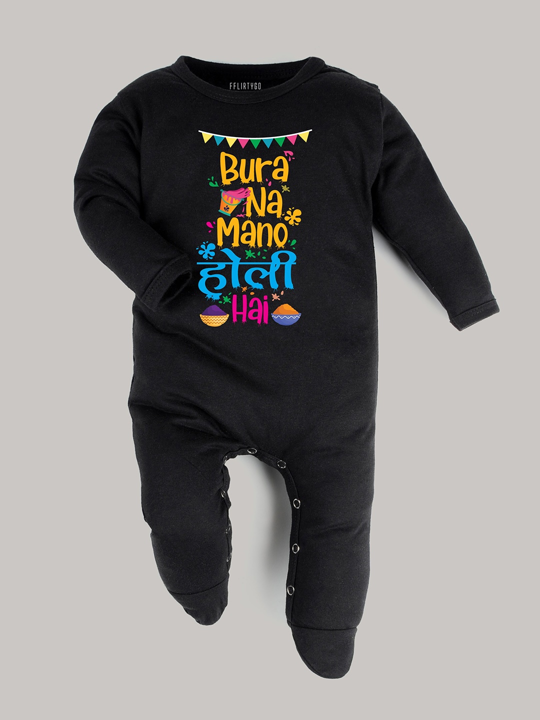 

FFLIRTYGO Infants Holi Printed Pure Cotton Sleepsuit, Black