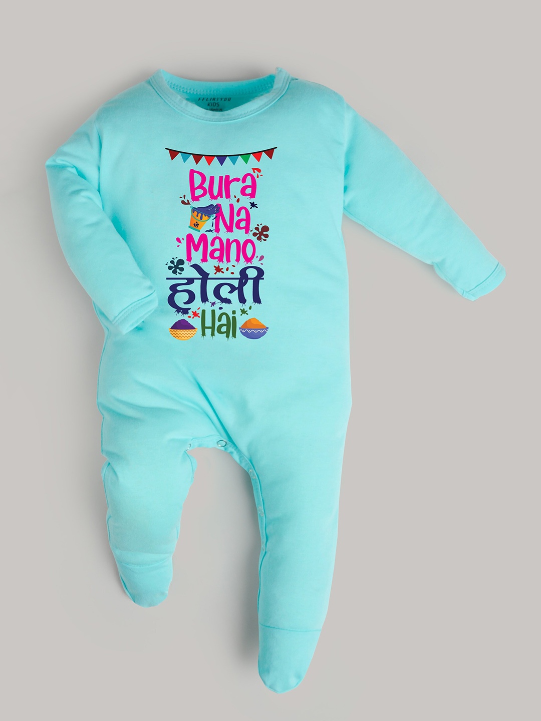 

FFLIRTYGO Kids Holi Printed Pure Cotton Sleepsuit, Turquoise blue