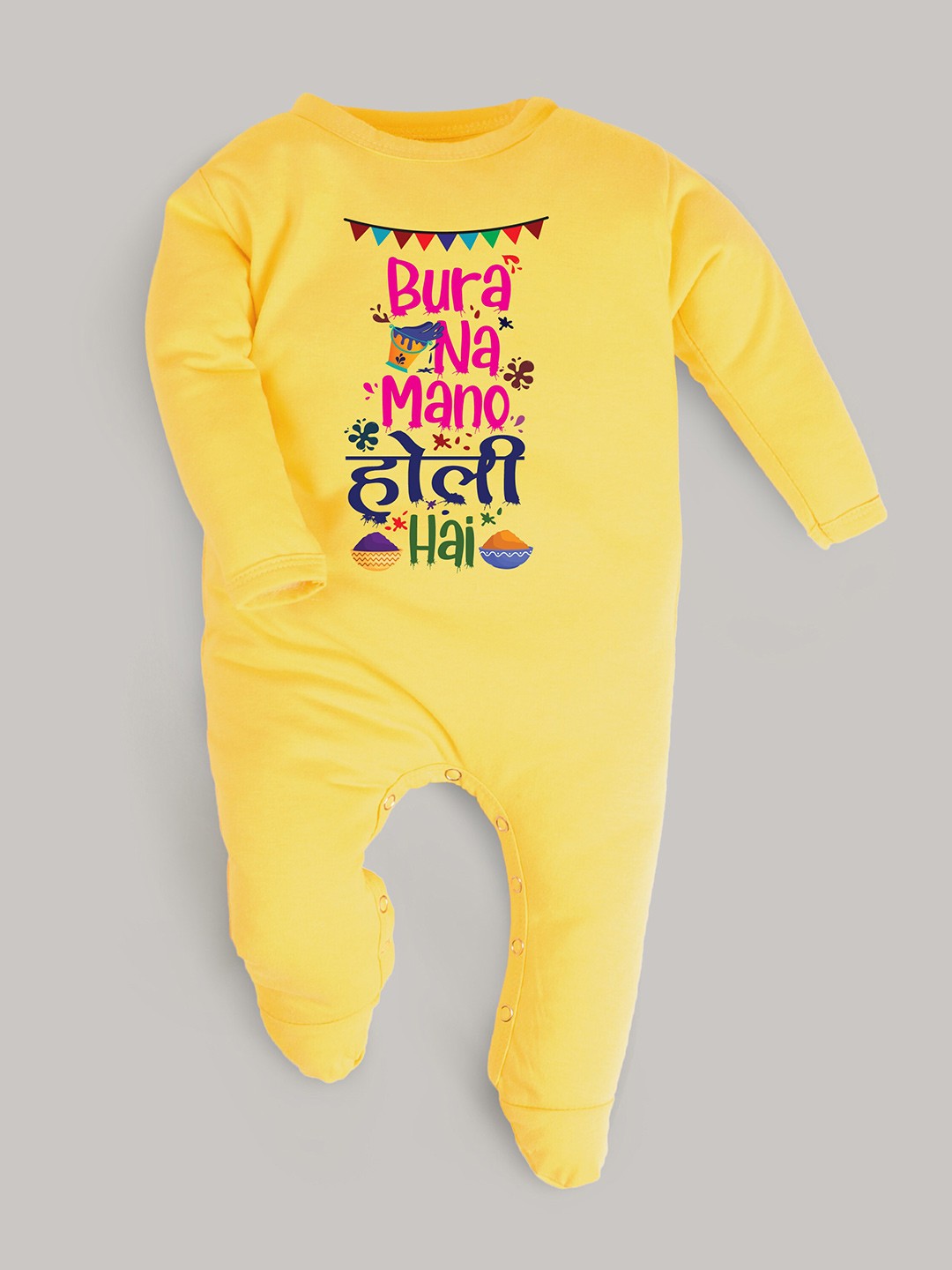 

FFLIRTYGO Kids Holi Printed Pure Cotton Sleepsuit, Yellow