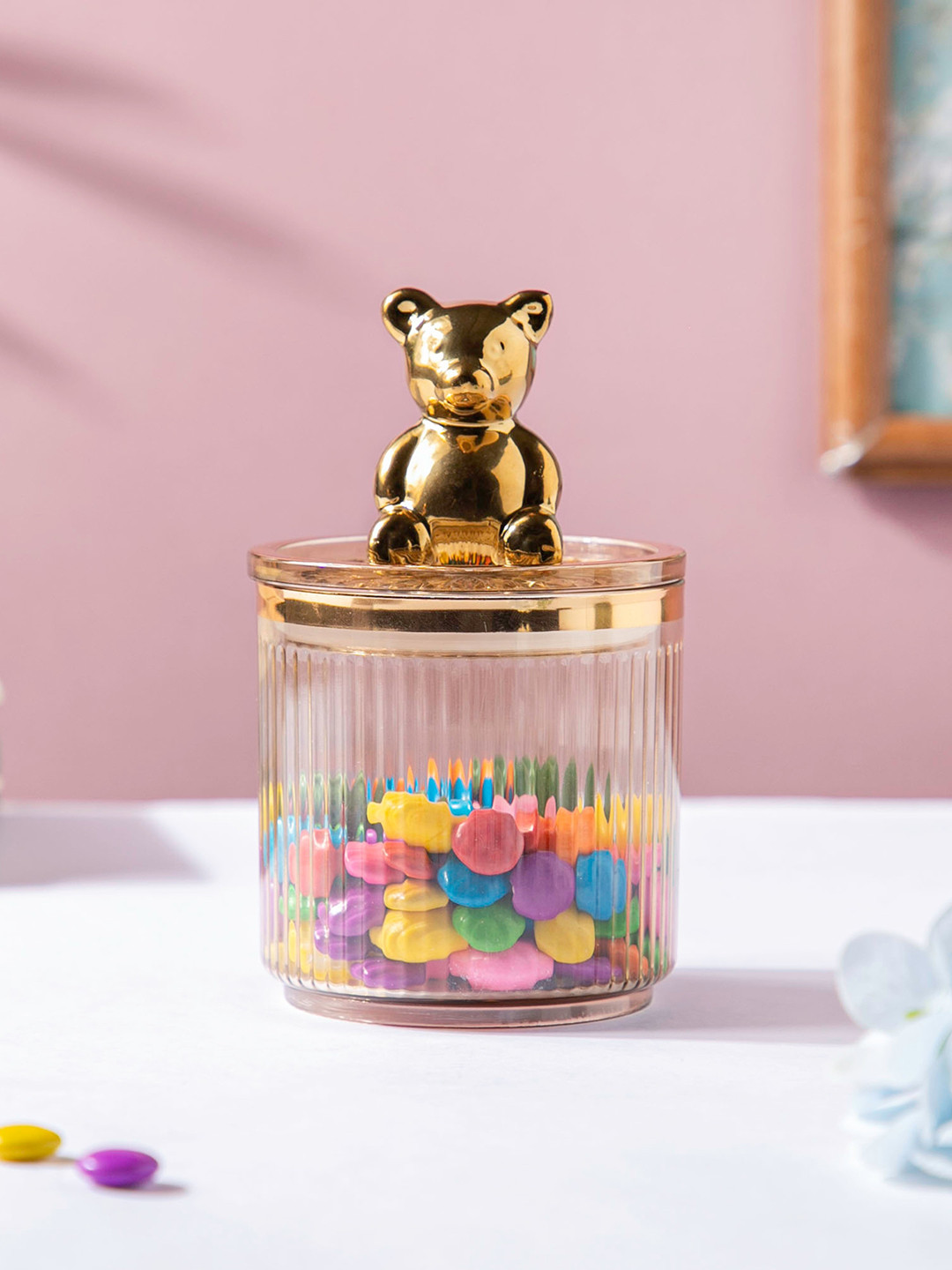 

Nestasia Transparent Textured Vintage Glass Jar With Bear Lid-350ml