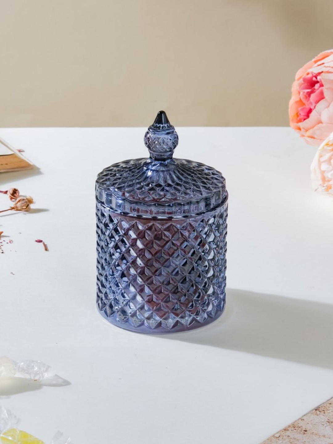 

Nestasia Vintage Blue Textured Glass Jar With Lid-250ml
