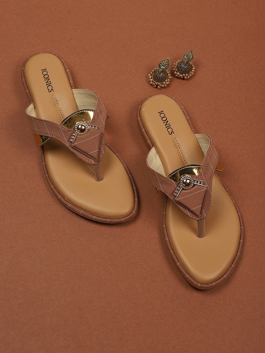 

ICONICS Women Beige Embellished T-Strap Flats