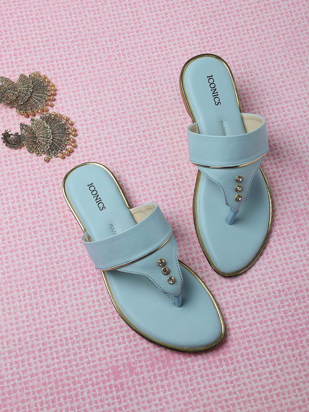 ICONICS Women Embellished Open Toe Flats, Blue