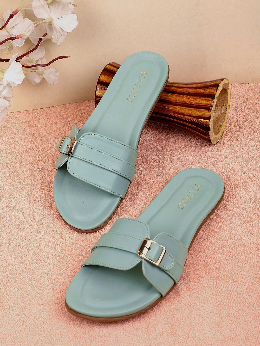 

ICONICS Women Sea Green Open Toe Flats with Buckles