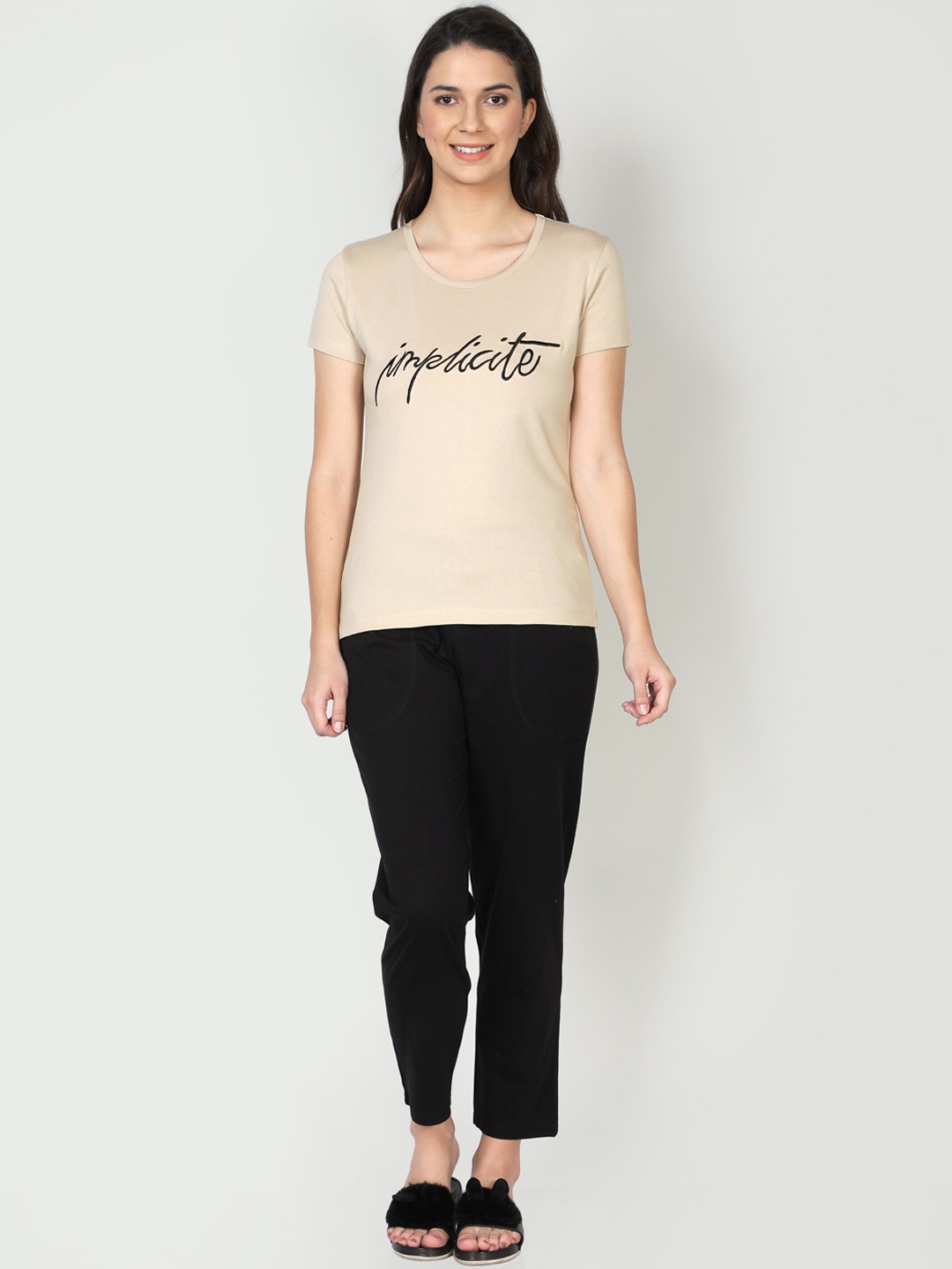 

CLUB A9 Women Typography Printed Pure Cotton Night Suit, Beige