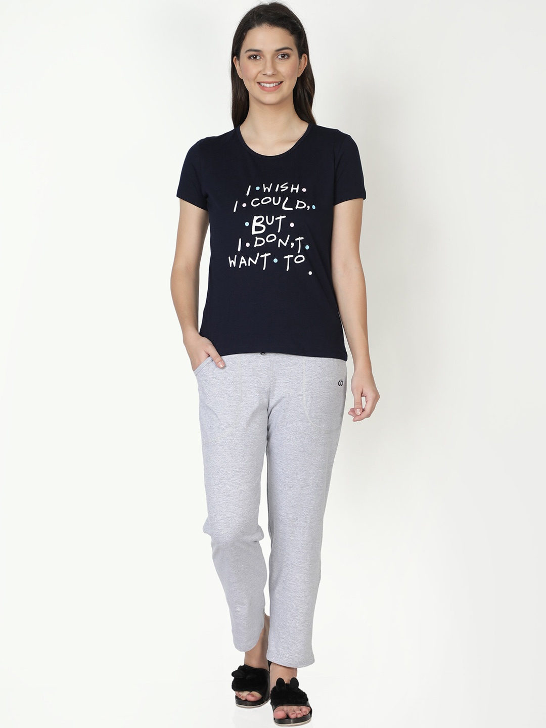 

CLUB A9 Women Typography Printed Pure Cotton Night Suit, Navy blue