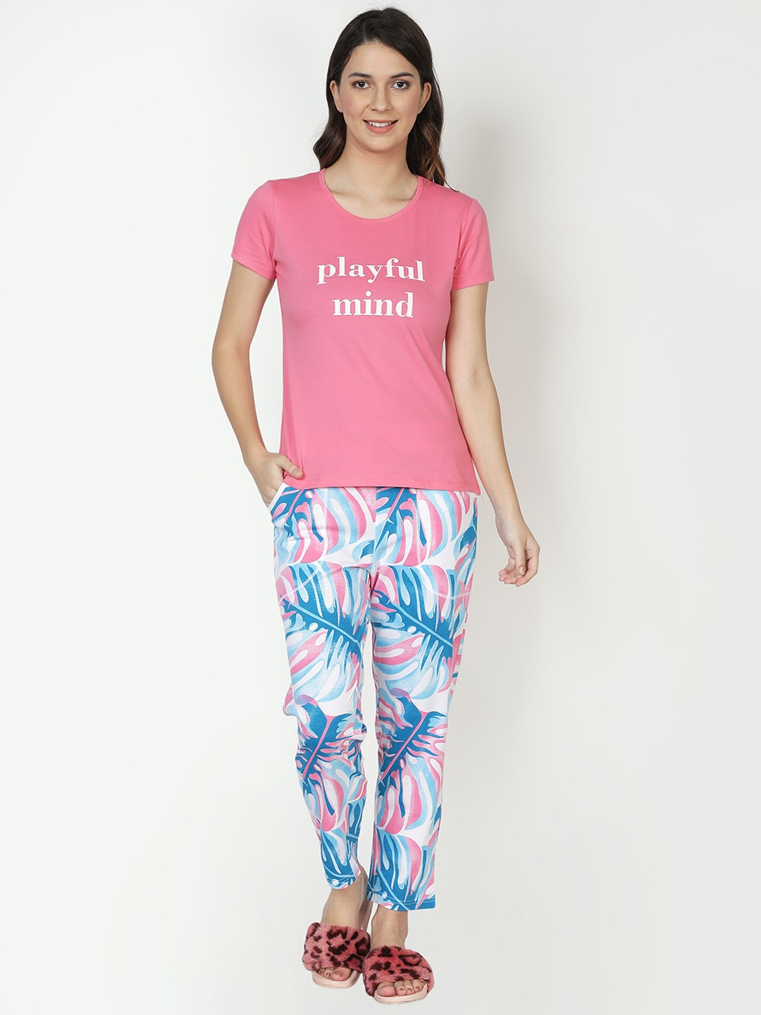 

CLUB A9 Women Tropical Printed Pure Cotton Night Suit, Pink