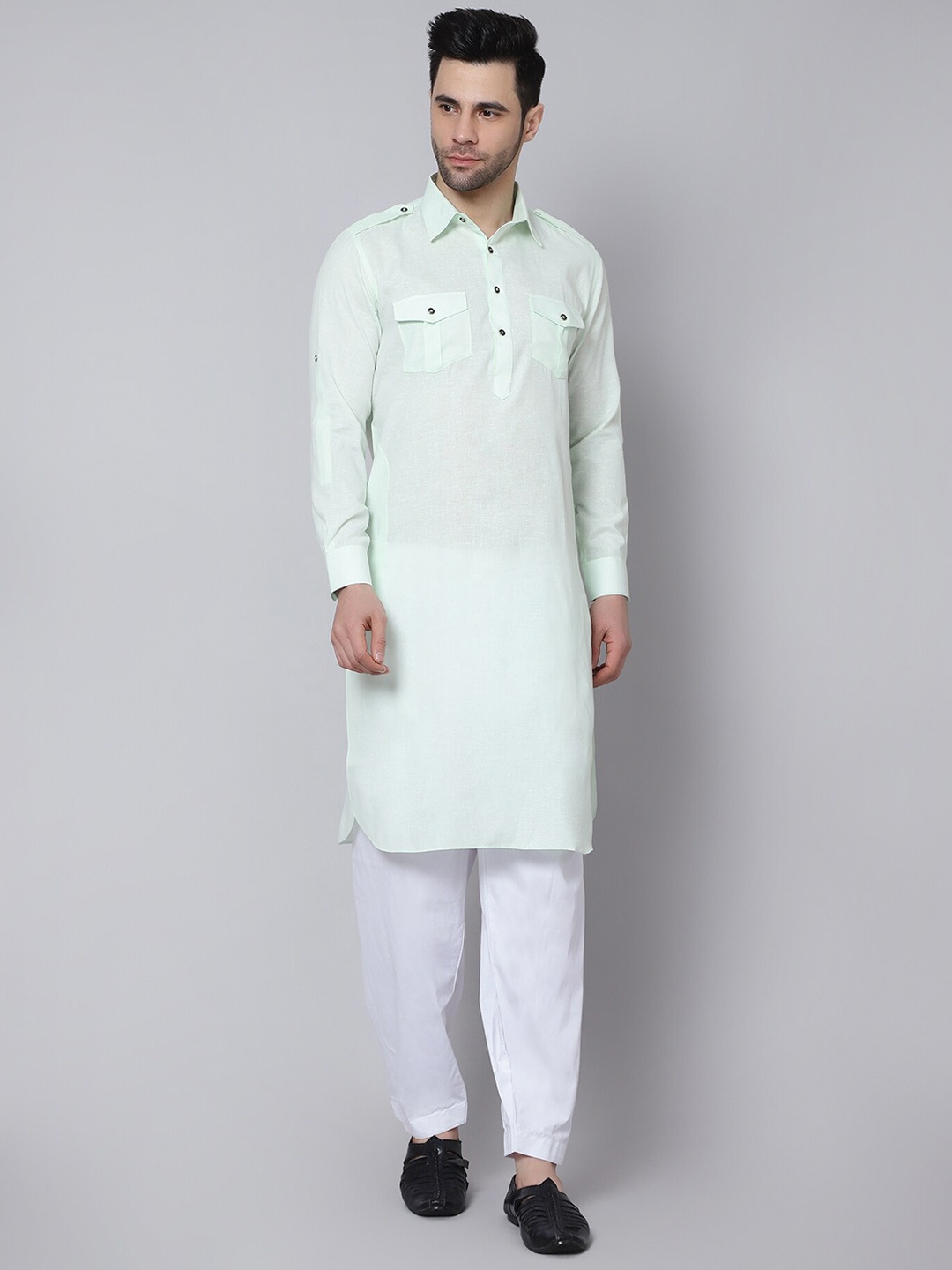 

HERE&NOW Men Green Thread Work Pathani Kurta