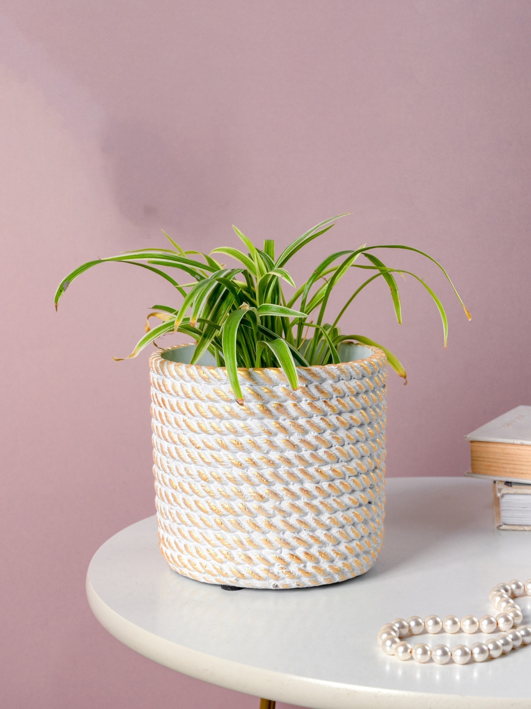 

Nestasia White & Gold-Toned Rope Textured Ceramic Planter Pot