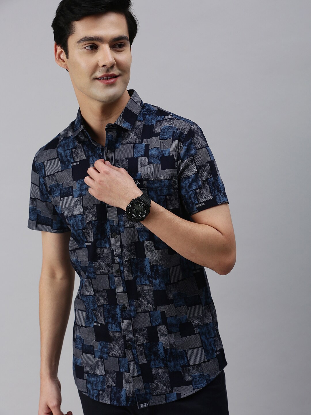 

CP BRO Men Slim Fit Abstract Printed Casual Cotton Shirt, Navy blue