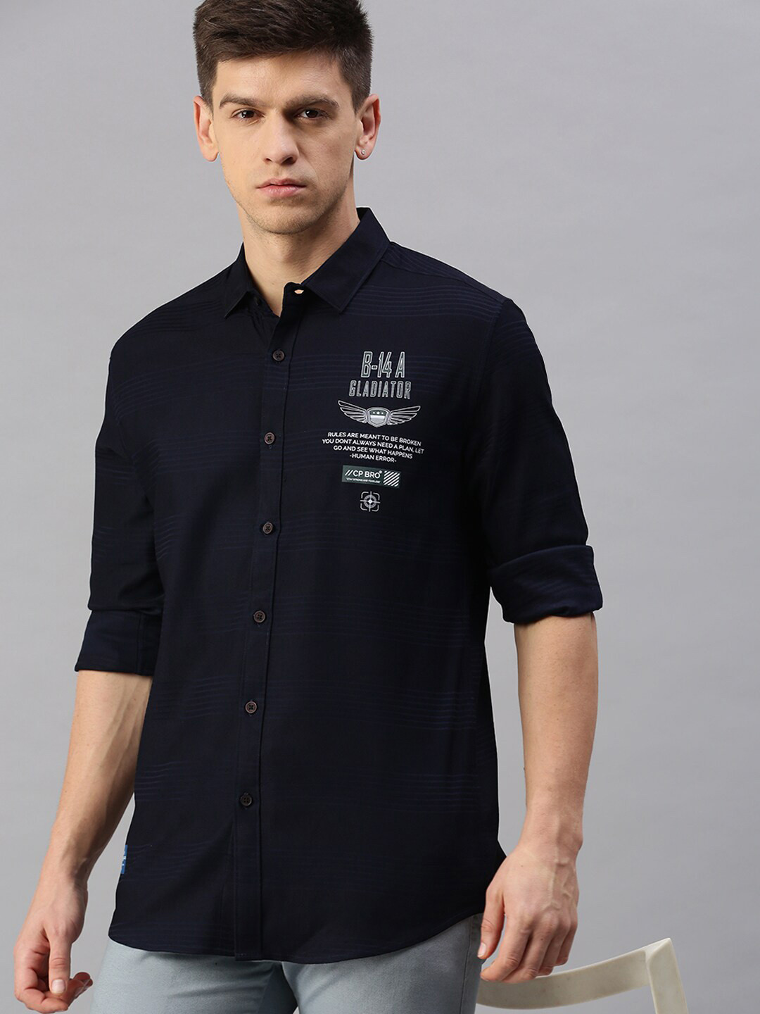 

CP BRO Men Typography Printed Slim Fit Casual Cotton Shirt, Black