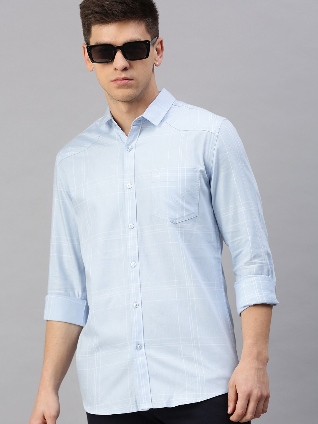 

CP BRO Spread Collar Slim Fit Checked Casual Cotton Shirt, Blue