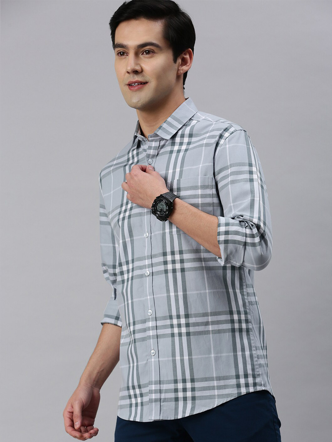 

CP BRO Men Tartan Checks Cotton Slim Fit Casual Shirt, Grey