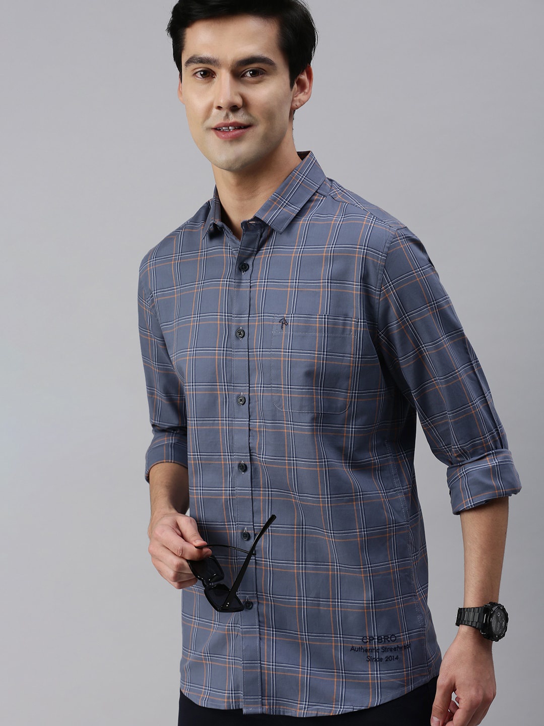 

CP BRO Men Tartan Checked Slim Fit Casual Cotton Shirt, Grey