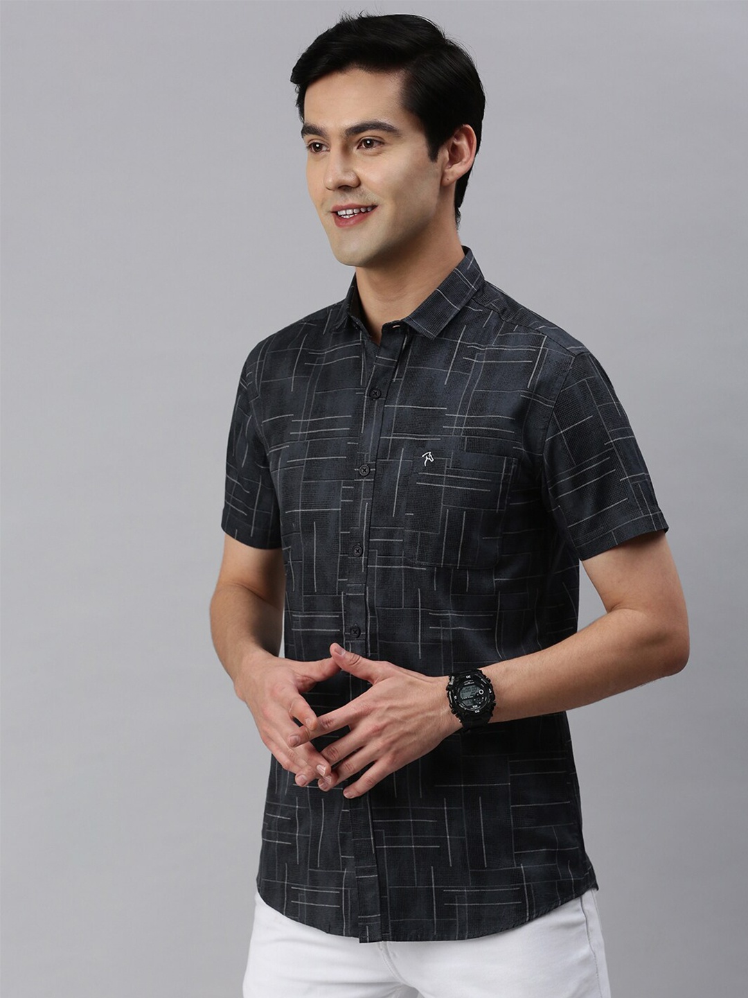 

CP BRO Men Slim Fit Geometric Printed Casual Cotton Shirt, Black