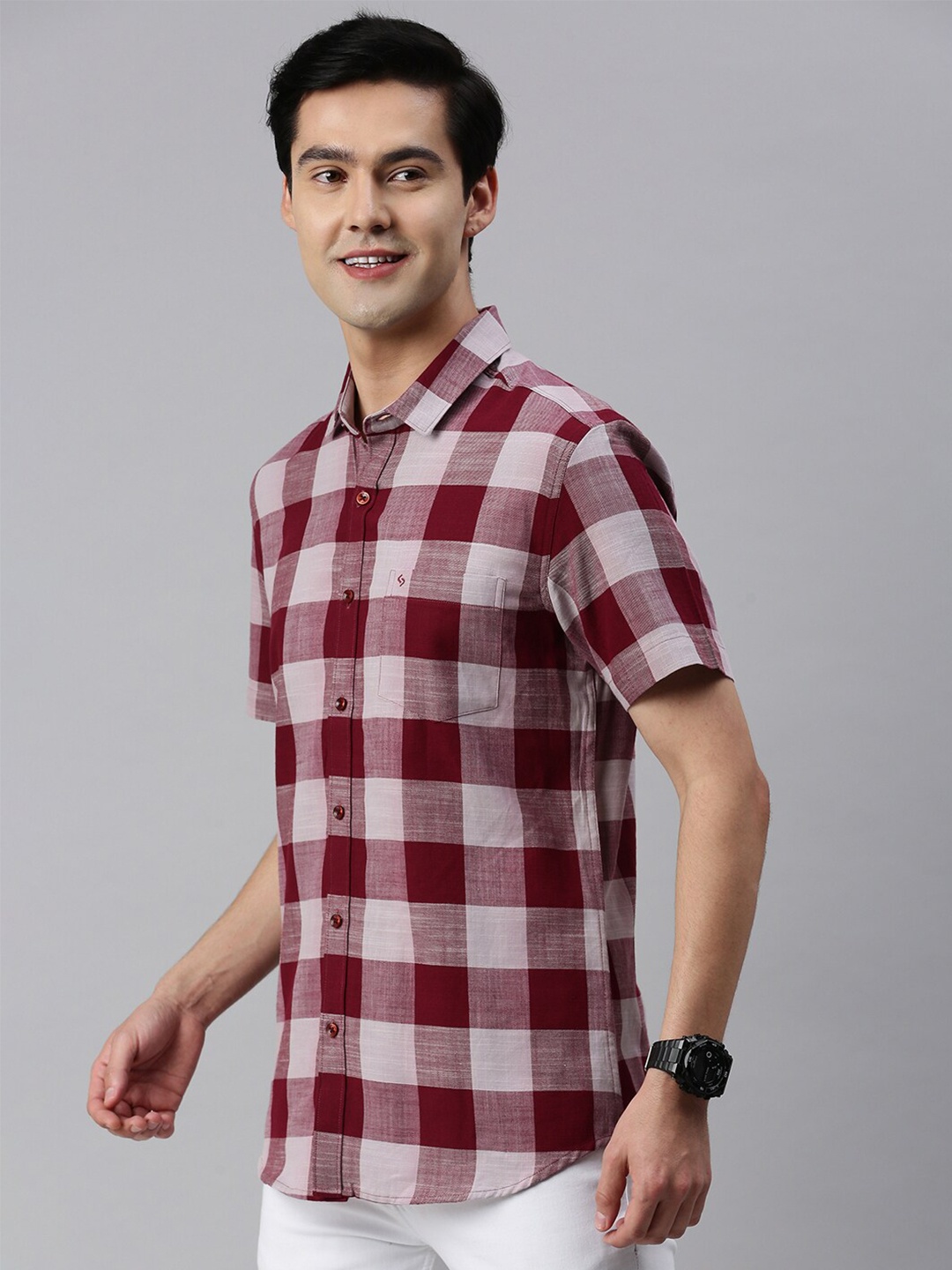 

Classic Polo Men Slim Fit Buffalo Checks Casual Cotton Shirt, Maroon