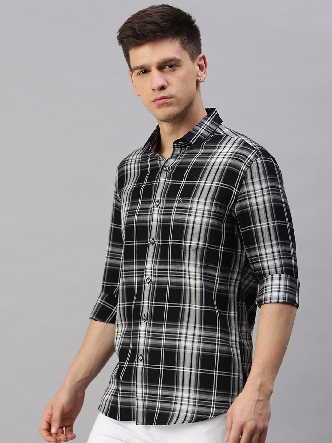 

Classic Polo Men Slim Fit Tartan Checked Casual Cotton Shirt, Black