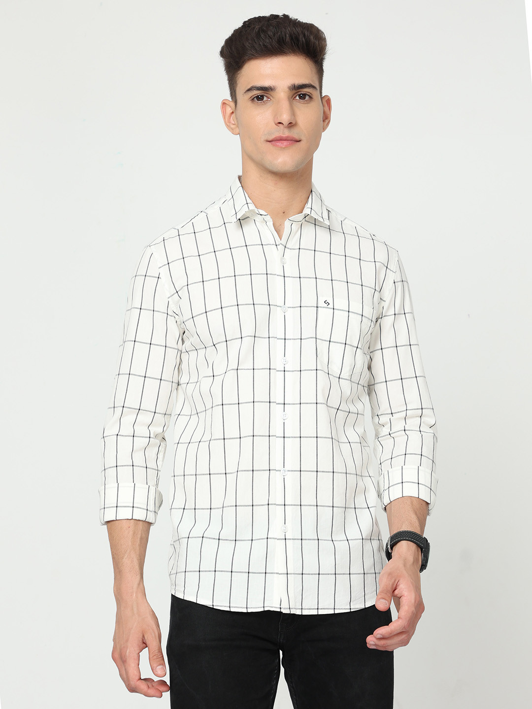 

Classic Polo Slim Fit Windowpane Checks Casual Cotton Shirt, Cream
