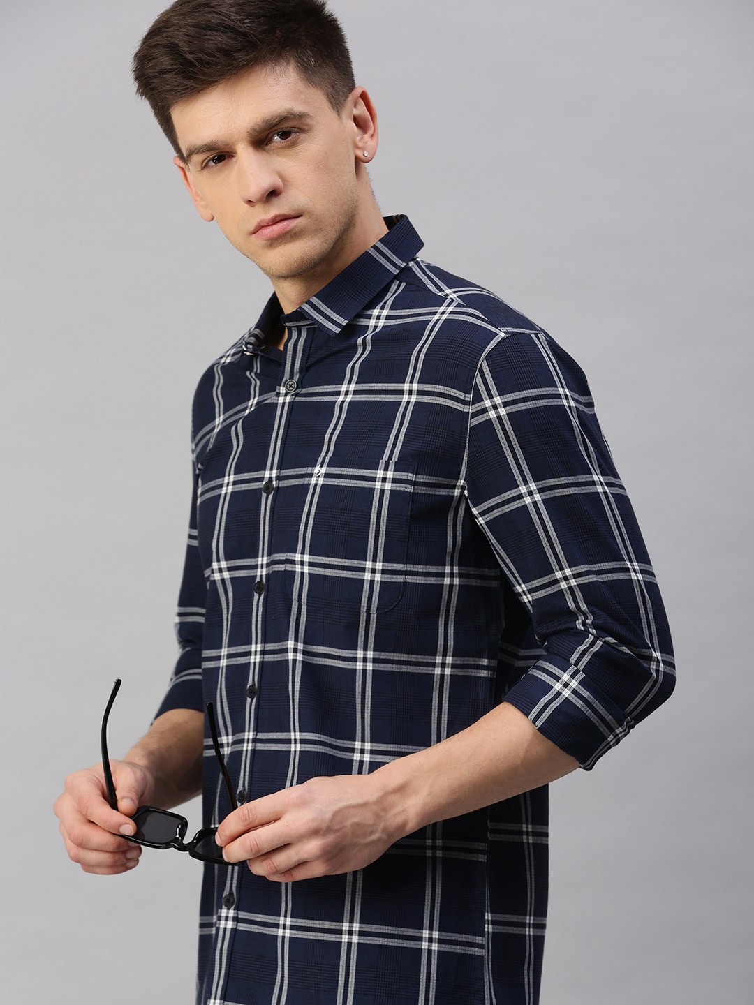 

Classic Polo Men Slim Fit Windowpane Checked Casual Cotton Shirt, Navy blue