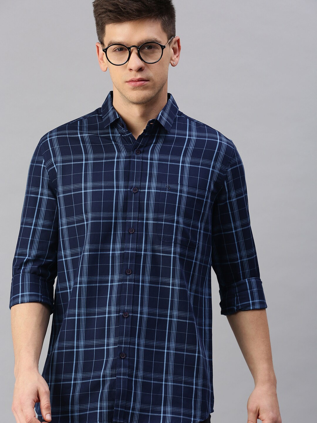 

Classic Polo Men Slim Fit Tartan Checked Casual Cotton Shirt, Navy blue