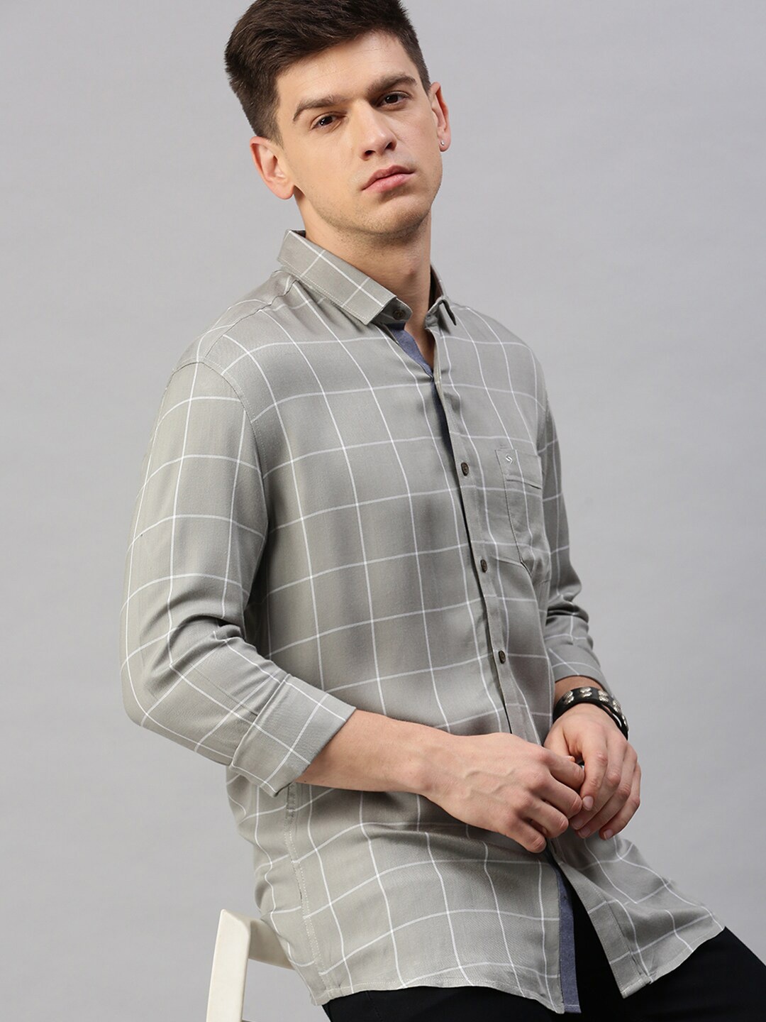 

Classic Polo Men Slim Fit Windowpane Checked Casual Cotton Shirt, Grey