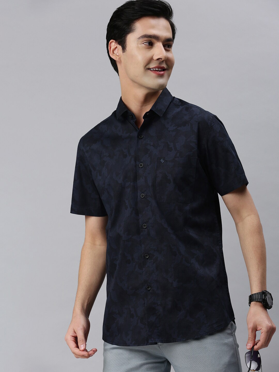 

Classic Polo Slim Fit Abstract Printed Casual Cotton Shirt, Navy blue
