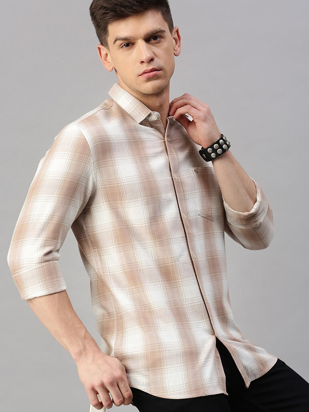 

Classic Polo Men Slim Fit Tartan Checked Casual Cotton Shirt, Beige