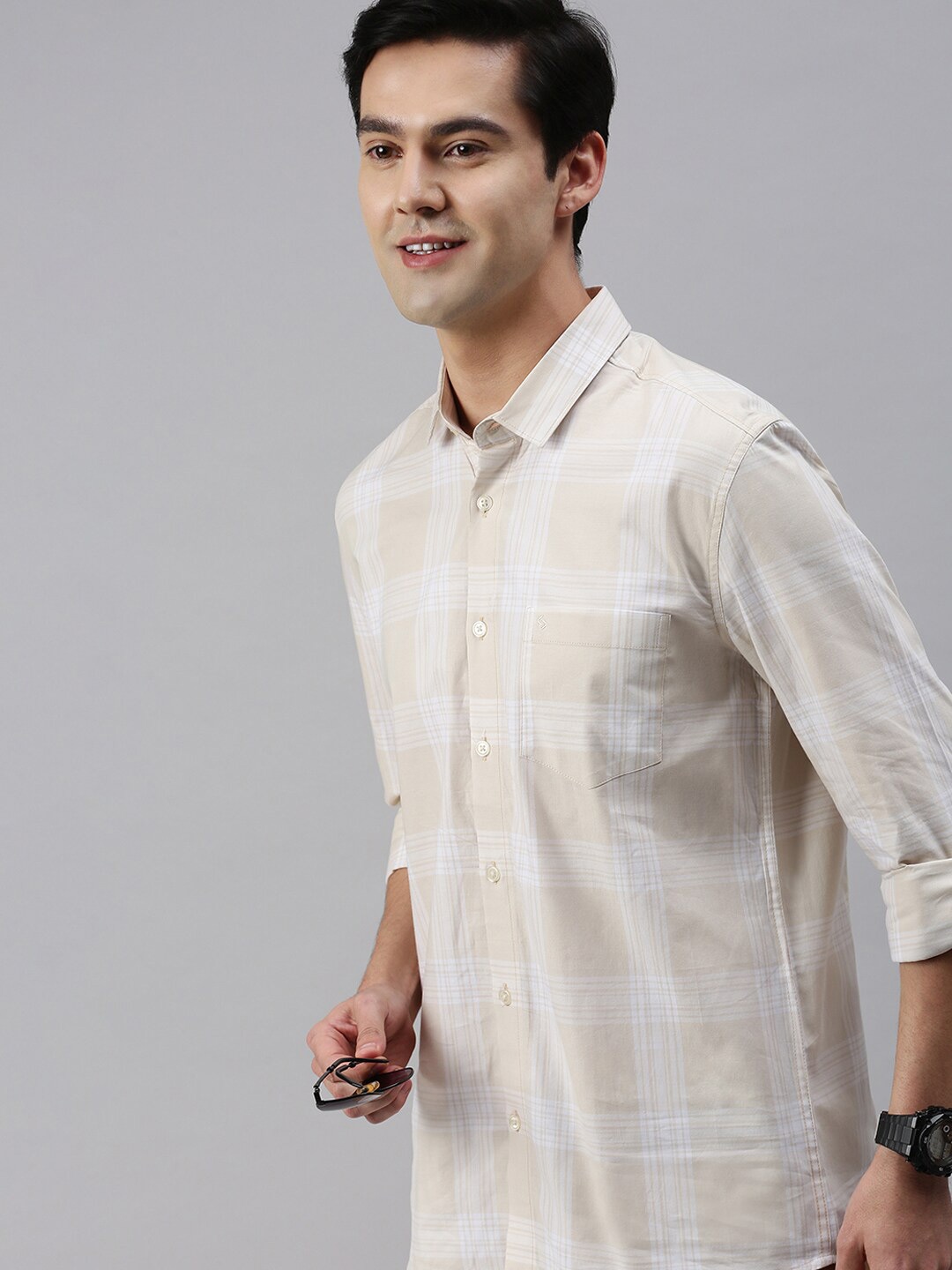 

Classic Polo Slim Fit Tartan Checked Casual Cotton Shirt, Cream