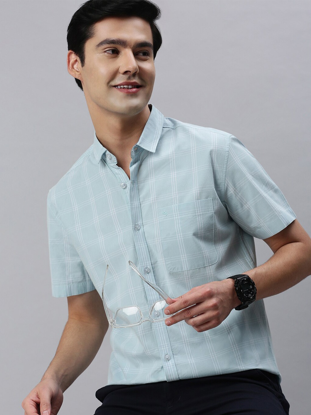 

Classic Polo Men Slim Fit Checked Cotton Casual Shirt, Blue