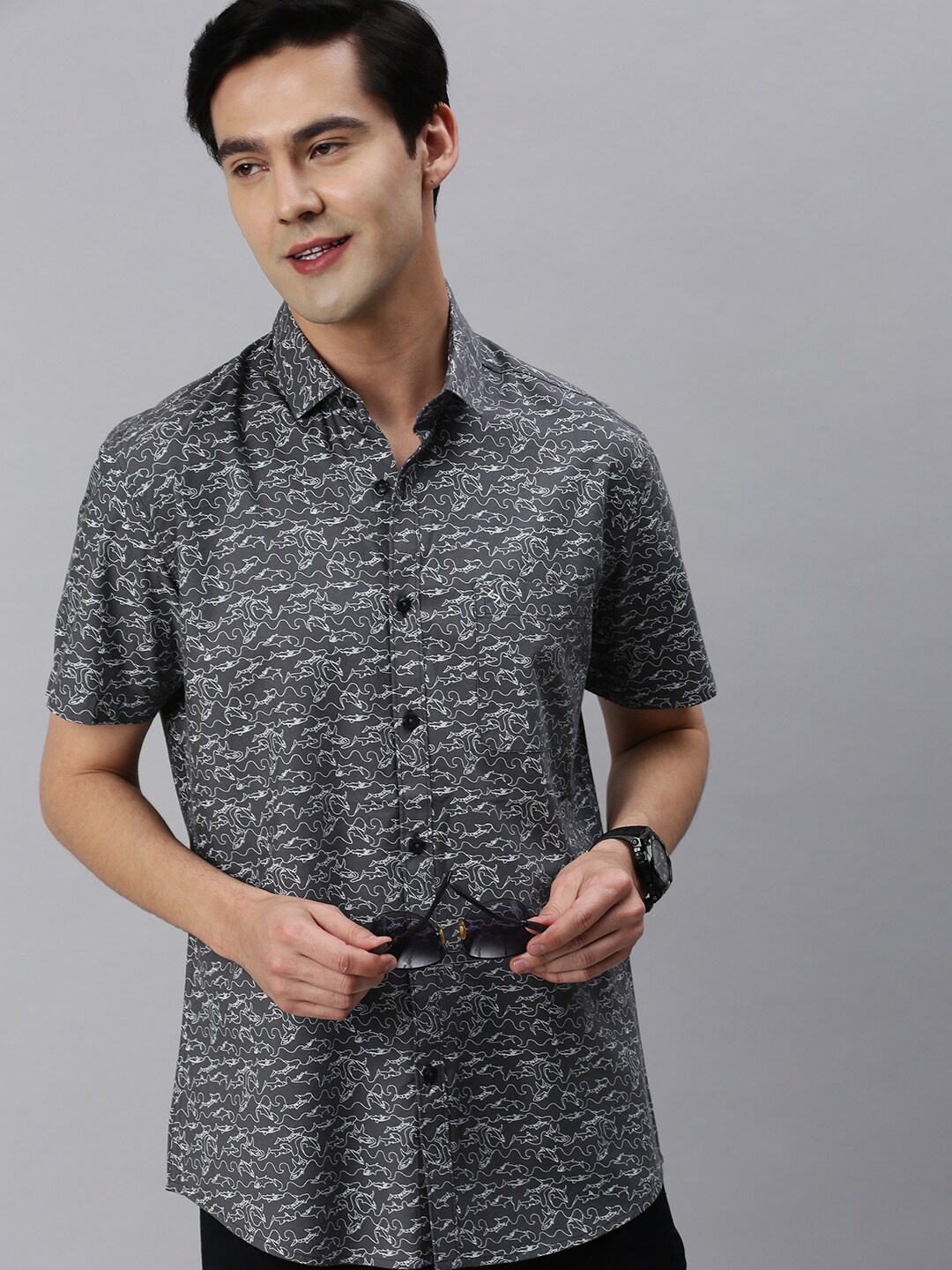 

Classic Polo Men Slim Fit Printed Casual Cotton Shirt, Grey