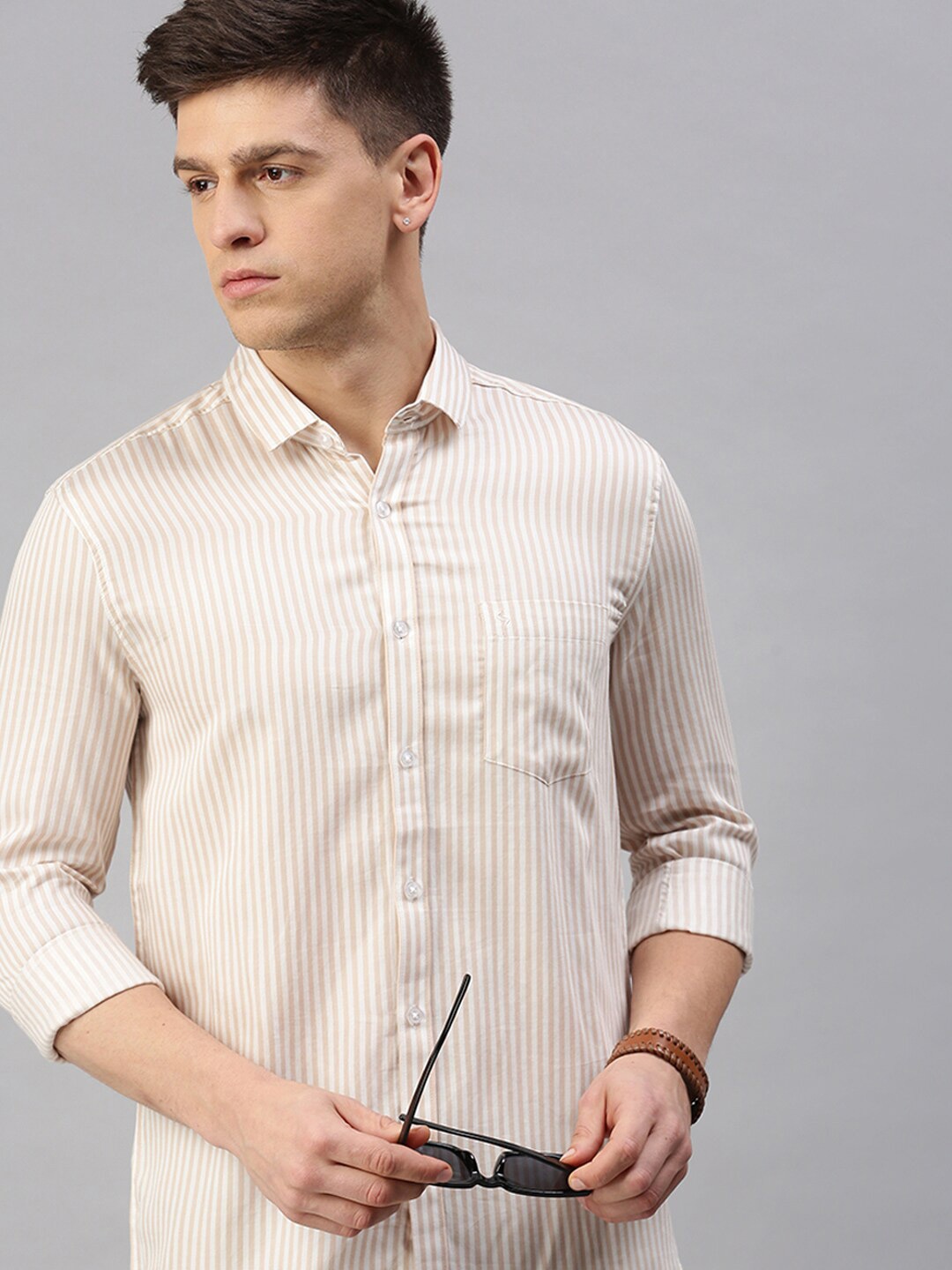 

Classic Polo Men -Coloured Slim Fit Striped Cotton Shirt, Cream