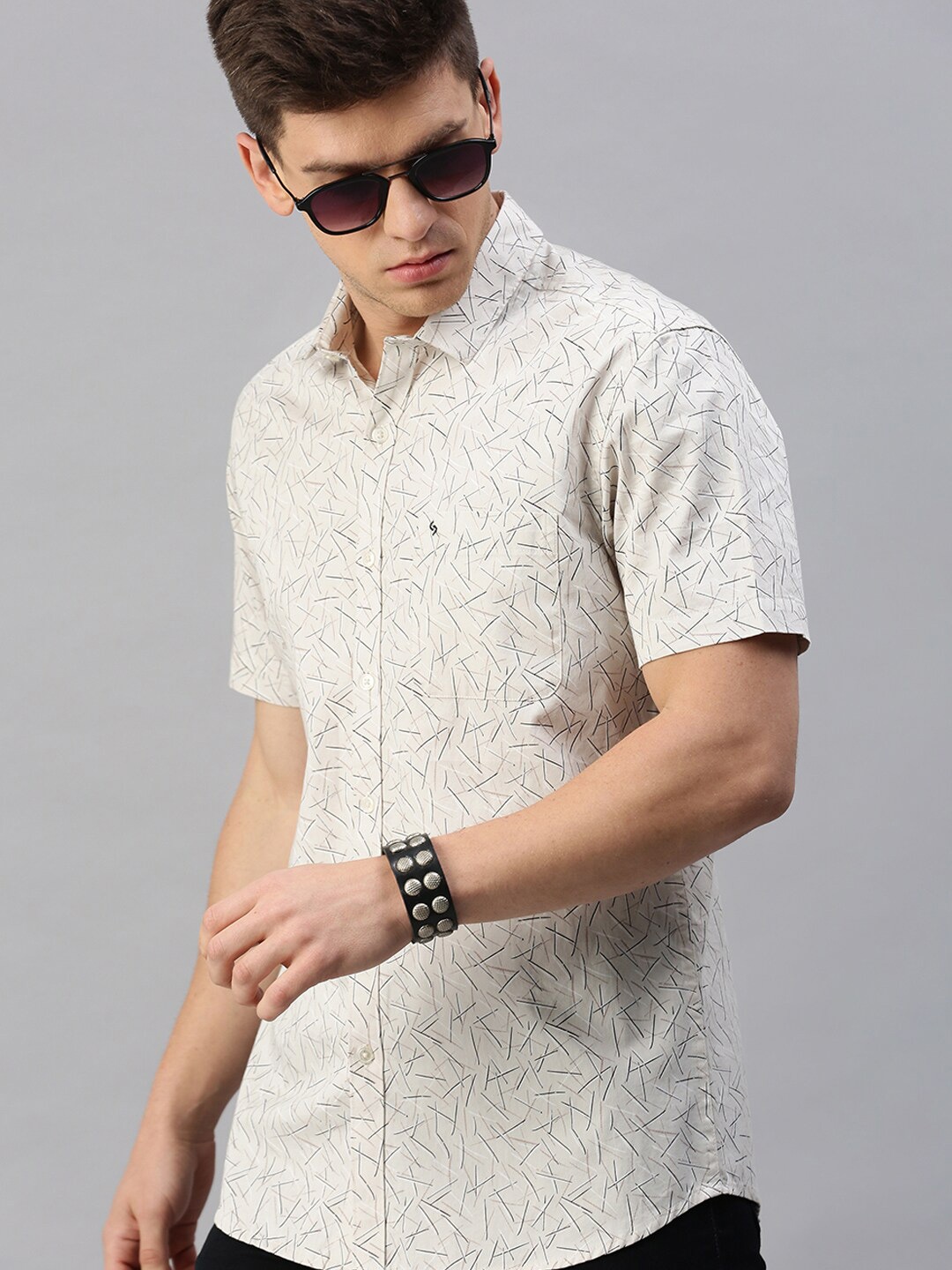 

Classic Polo Men Slim Fit Printed Casual Cotton Shirt, Cream