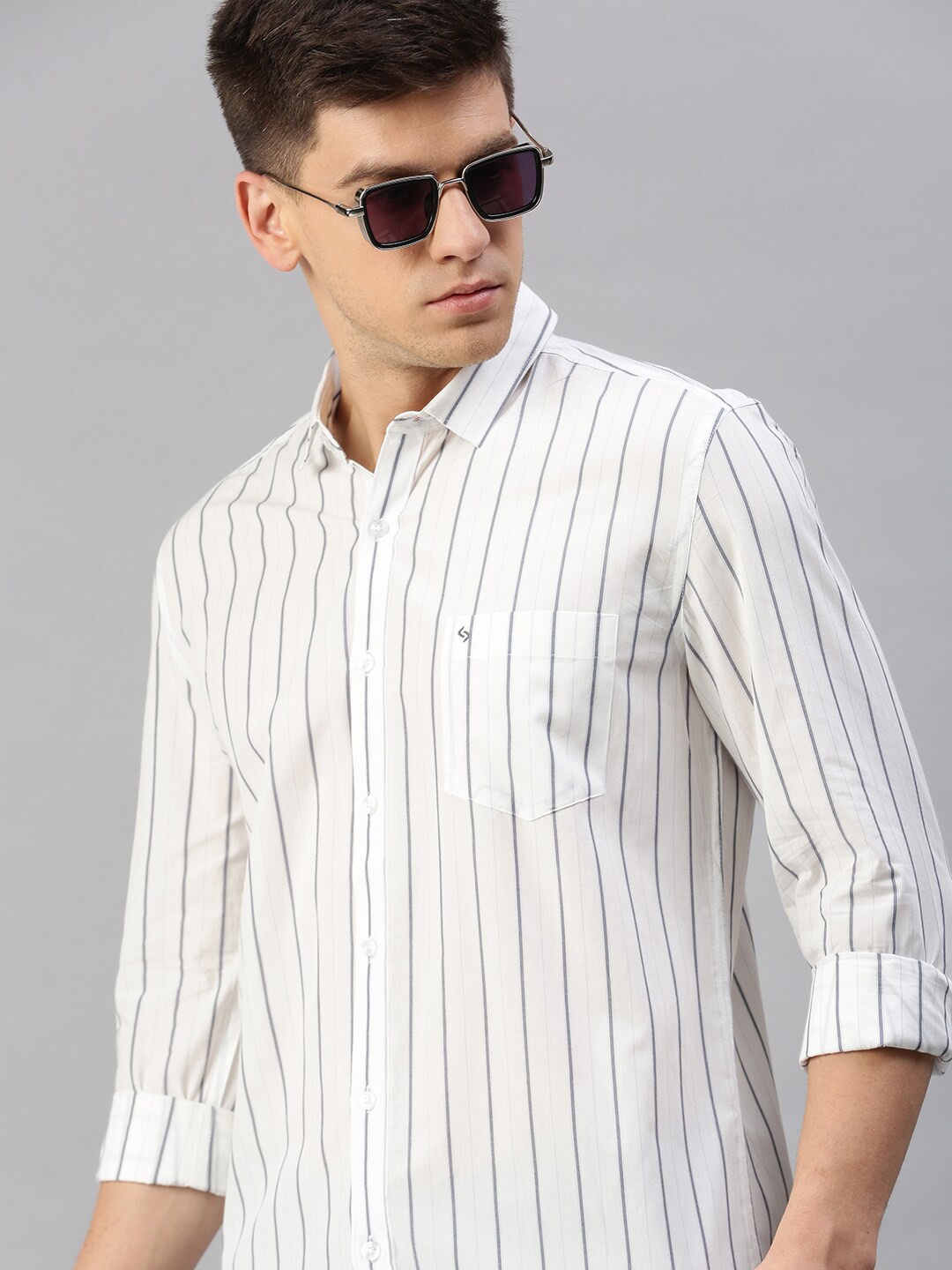 

Classic Polo Men Slim Fit Vertical Striped Casual Cotton Shirt, White