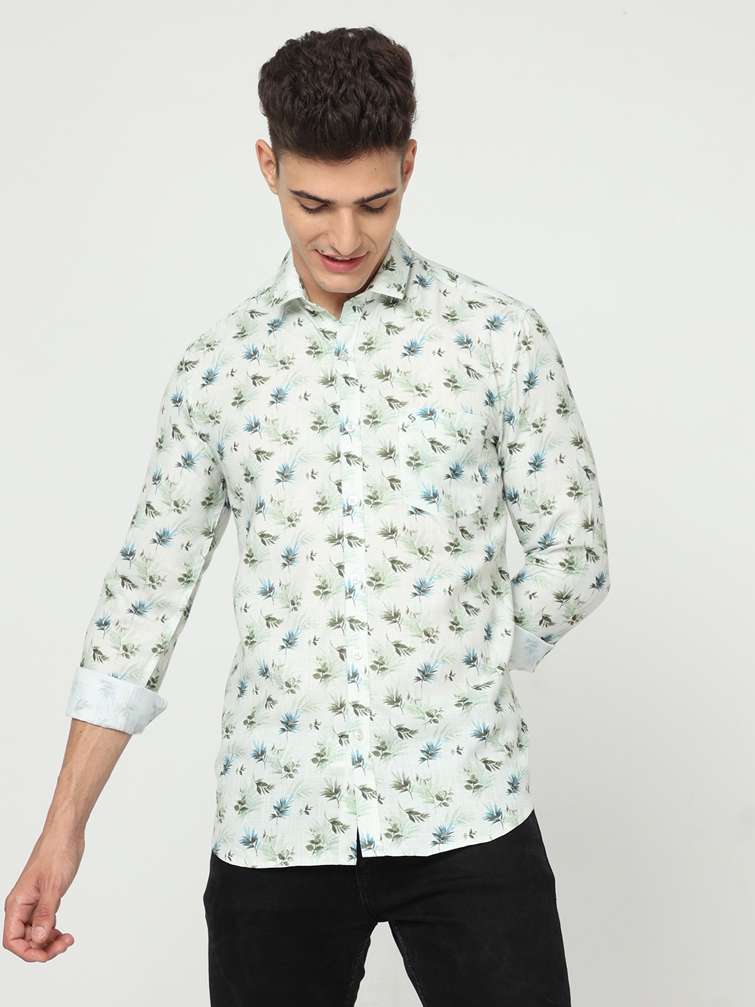 

Classic Polo Spread Collar Slim Fit Floral Printed Casual Cotton Shirt, Green