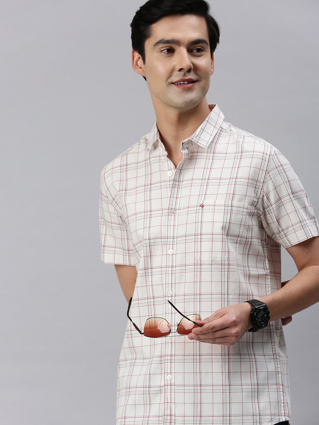 

Classic Polo Men Slim Fit Tartan Checks Checked Cotton Shirt, Cream