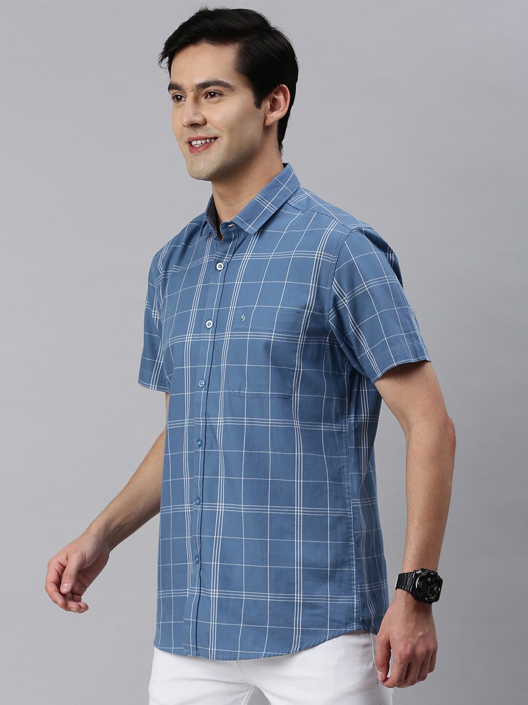 

Classic Polo Men Slim Fit Windowpane Checks Casual Cotton Shirt, Blue